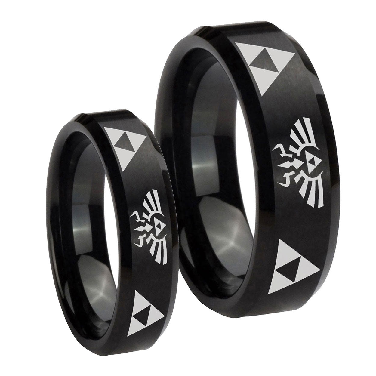 Legend of Zelda Beveled Edges Brush Black Tungsten Bridal Set Ring
