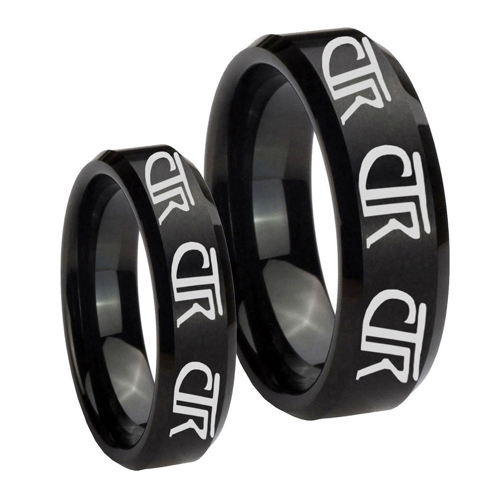 Multiple CTR Beveled Edges Brush Black Tungsten Bridal Set Ring