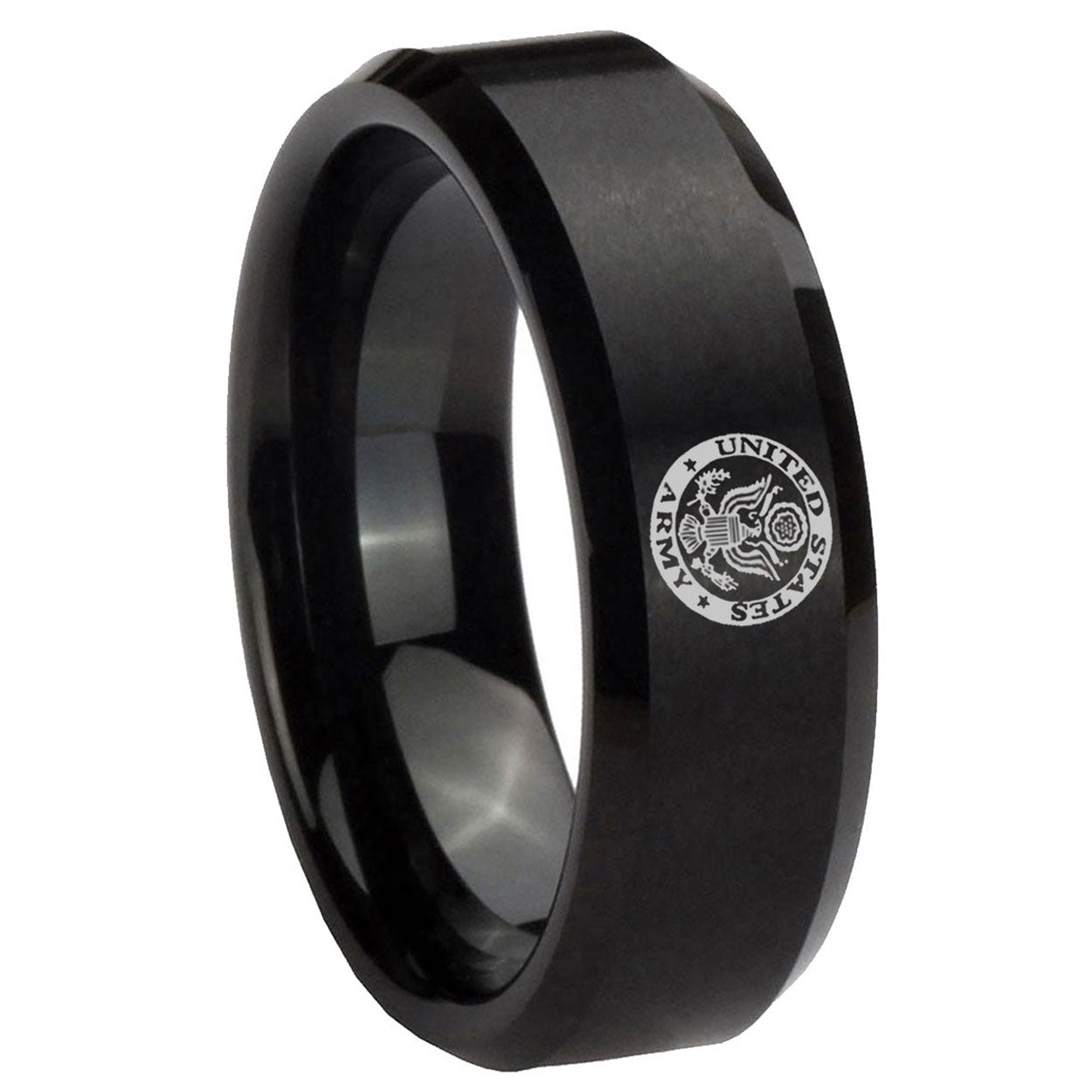 8MM U.S. Army Beveled Brushed Black Tungsten Custom Ring