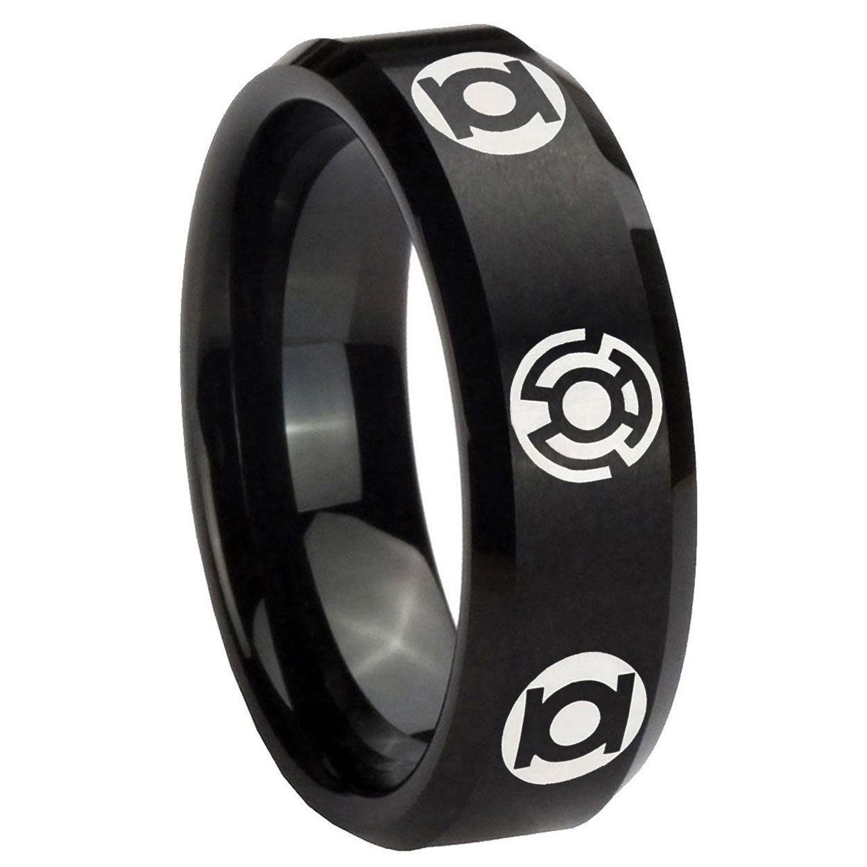 8MM Blue Green Lantern Beveled Brushed Black Tungsten Ring For Men