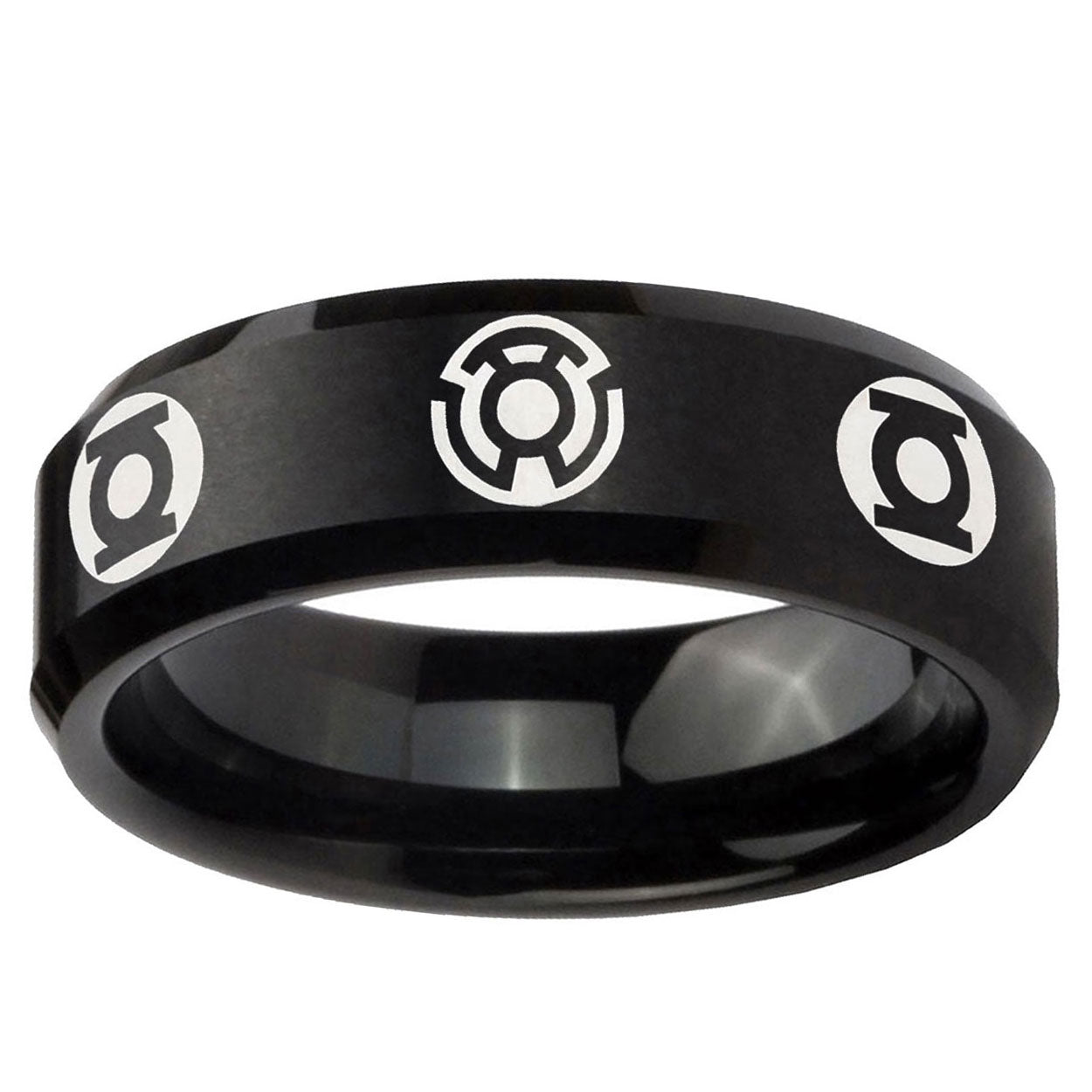 5MM Blue Green Lantern Beveled Brushed Black Tungsten Ring For Men