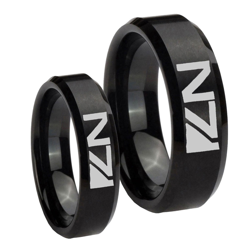 N7 Design Beveled Edges Brush Black Tungsten Couples Ring Set