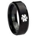 10mm Medical Alert Beveled Edges Brush Black Tungsten Carbide Men's Bands Ring