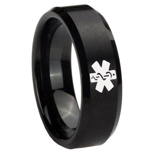 10mm Medical Alert Beveled Edges Brush Black Tungsten Carbide Men's Bands Ring
