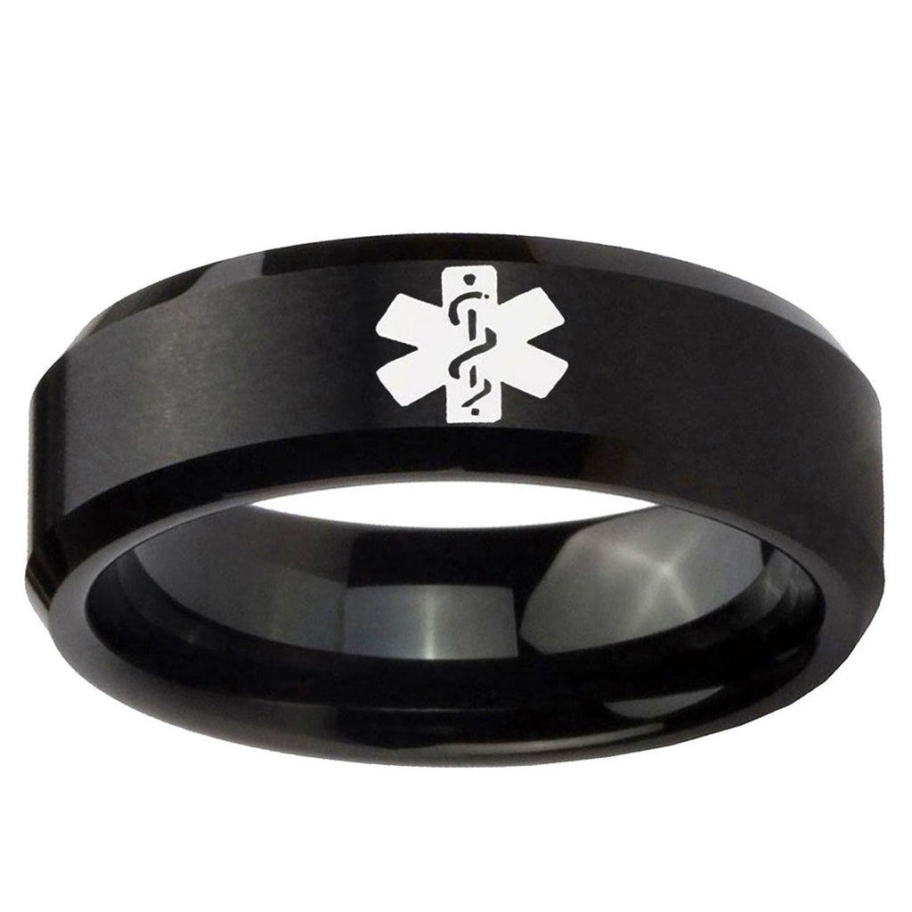 5MM Medical Alert Beveled Brushed Black Tungsten Custom Engraved Ring