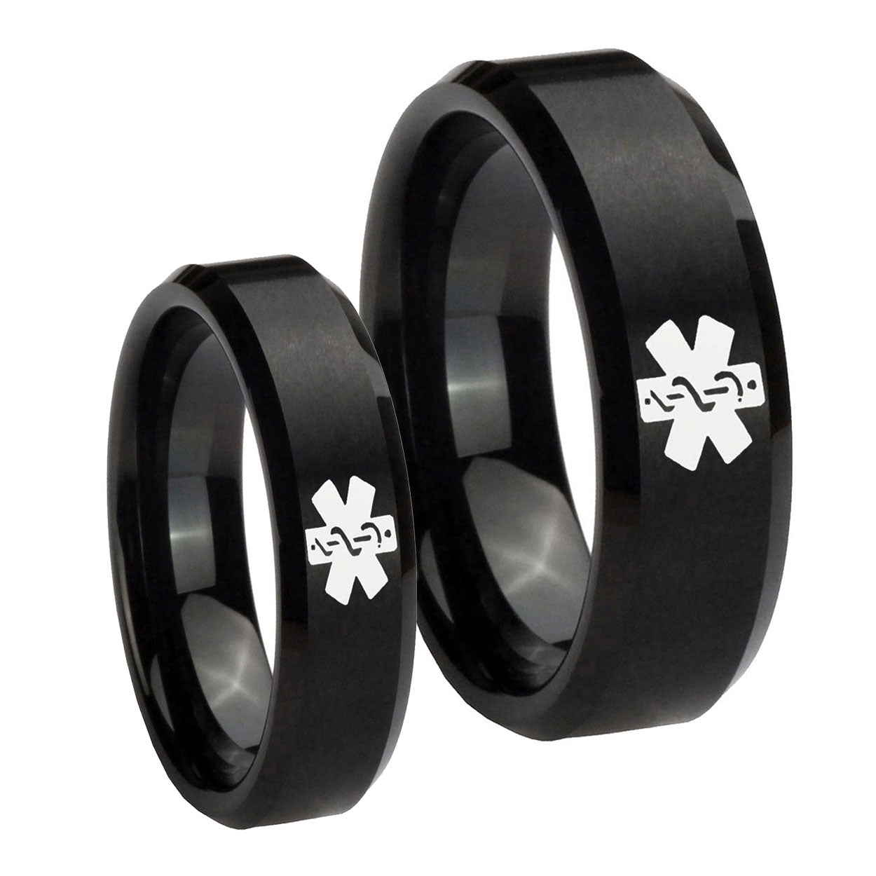 Medical Alert Beveled Brush Black Tungsten Mens Ring Set