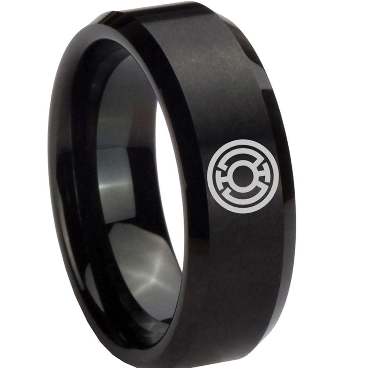 8MM Blue Lantern Beveled Brushed Black Tungsten Wedding Band Men