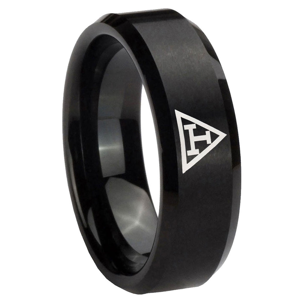 10mm Masonic Triple Beveled Edges Brush Black Tungsten Mens Engagement Ring