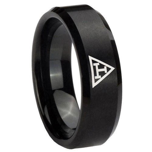 10mm Masonic Triple Beveled Edges Brush Black Tungsten Mens Engagement Ring