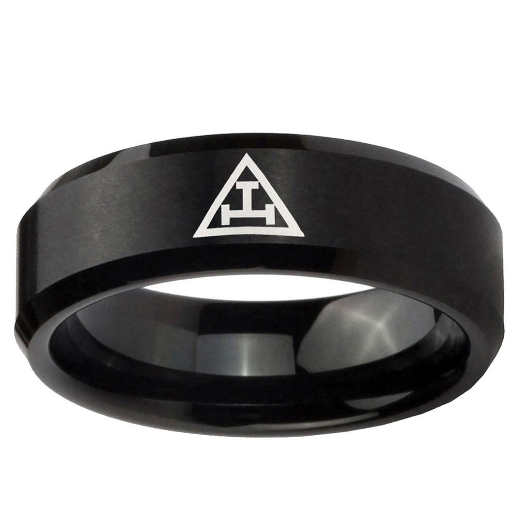 10mm Masonic Triple Beveled Edge Brush Black Tungsten Mens Engagement Ring