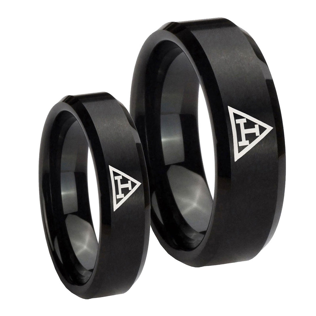 Masonic Triple Beveled Edges Brush Black Tungsten Bridal Set Ring