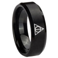 10mm Deathly Hallows Beveled Edges Brush Black Tungsten Carbide Men's Ring