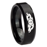 10mm-Flamed-Cross-Beveled-Edges-Brush-Black-Tungsten-Carbide-Mens-Ring-Engraved