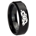 10mm Flamed Cross Beveled Edges Brush Black Tungsten Carbide Mens Ring Engraved