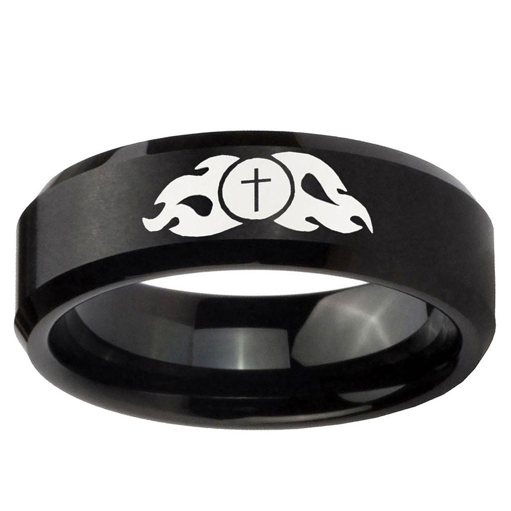 10mm Flamed Cross Beveled Edge Brush Black Tungsten Ring