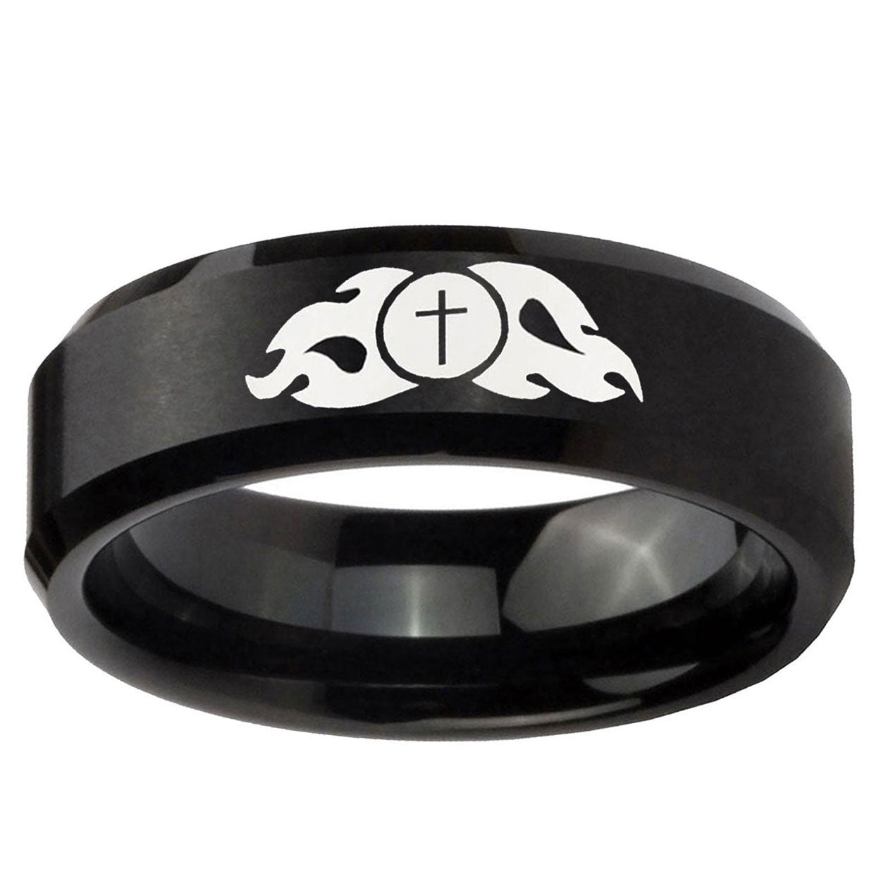 10mm Flamed Cross Beveled Edge Brush Black Tungsten Ring