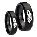 Flamed Cross Beveled Edges Brush Black Tungsten Engagement Ring Set