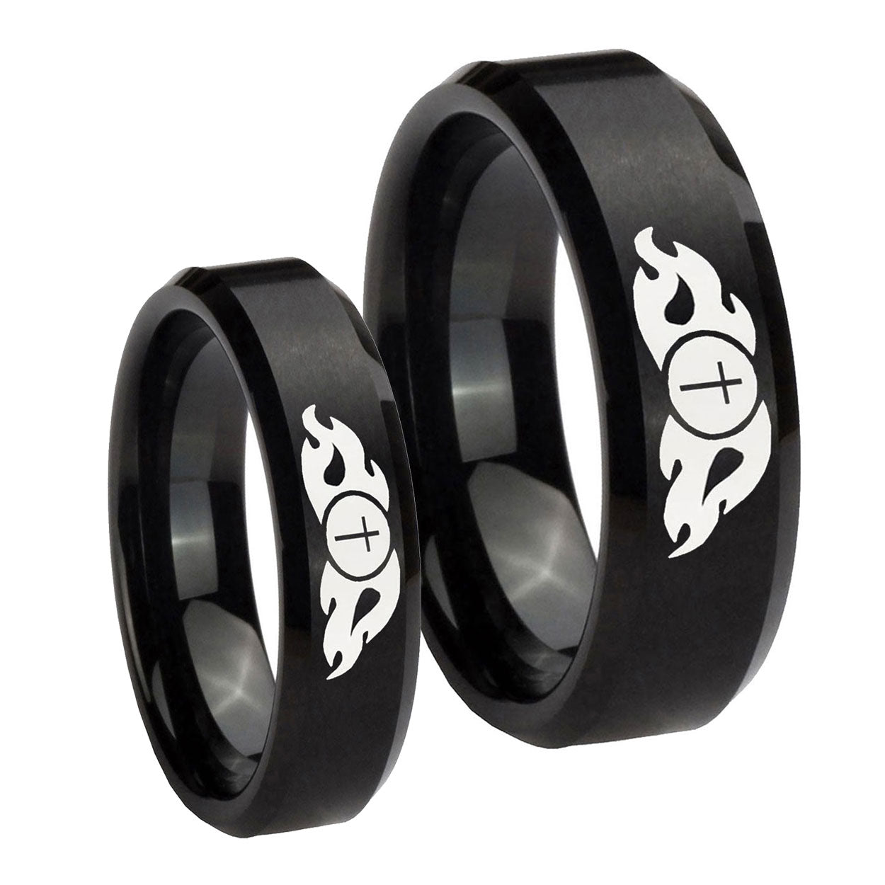 Flamed Cross Beveled Edges Brush Black Tungsten Engagement Ring Set