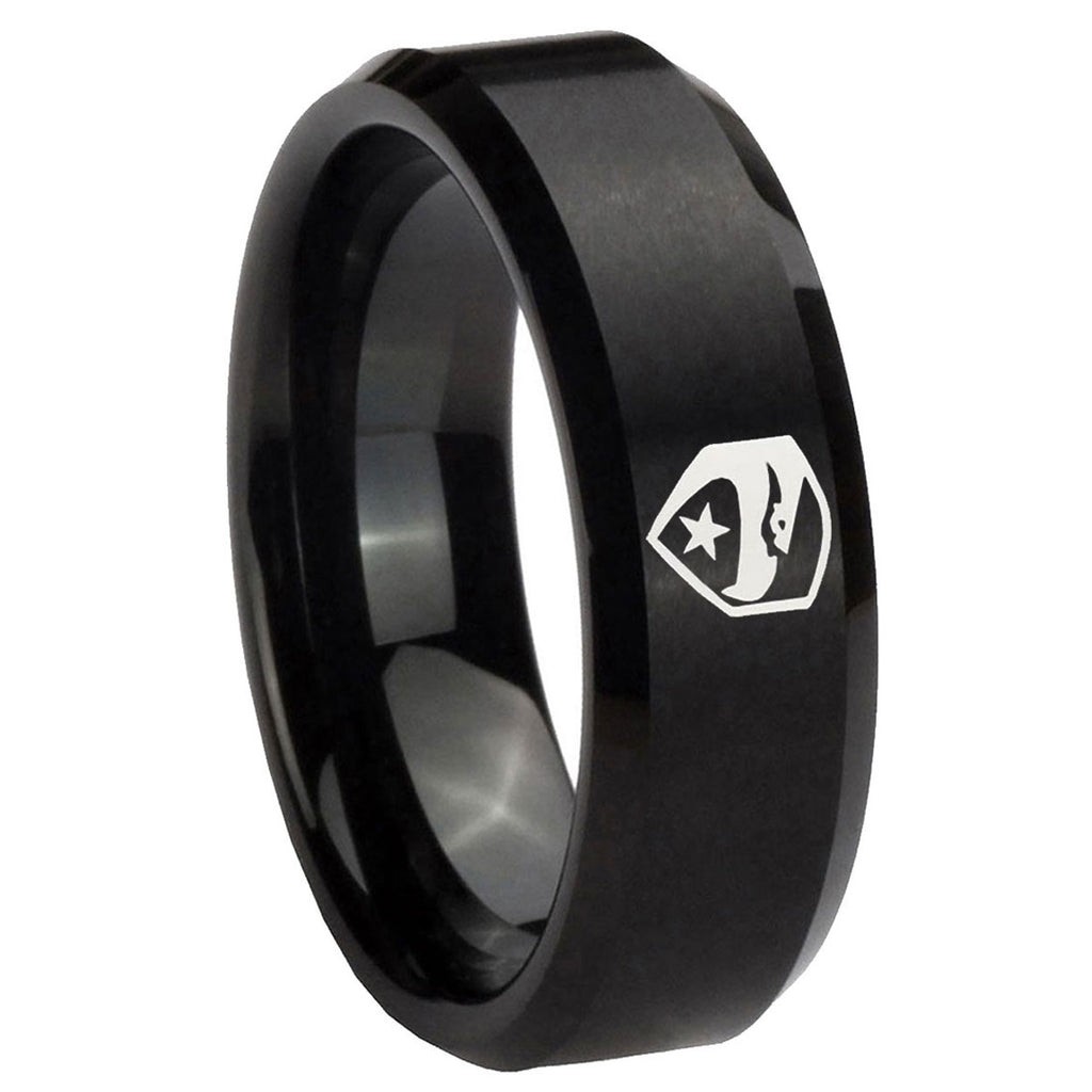 10mm GI Joe Eagle Beveled Edges Brush Black Tungsten Mens Ring Personalized