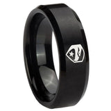 8mm GI Joe Eagle Beveled Edges Brush Black Tungsten Carbide Mens Ring Engraved