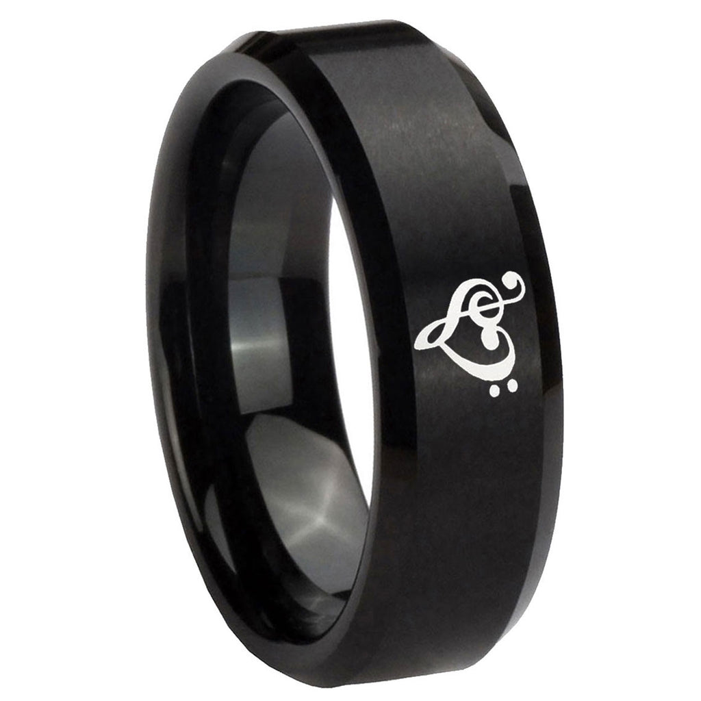 10mm Music & Heart Beveled Edges Brush Black Tungsten Carbide Mens Ring