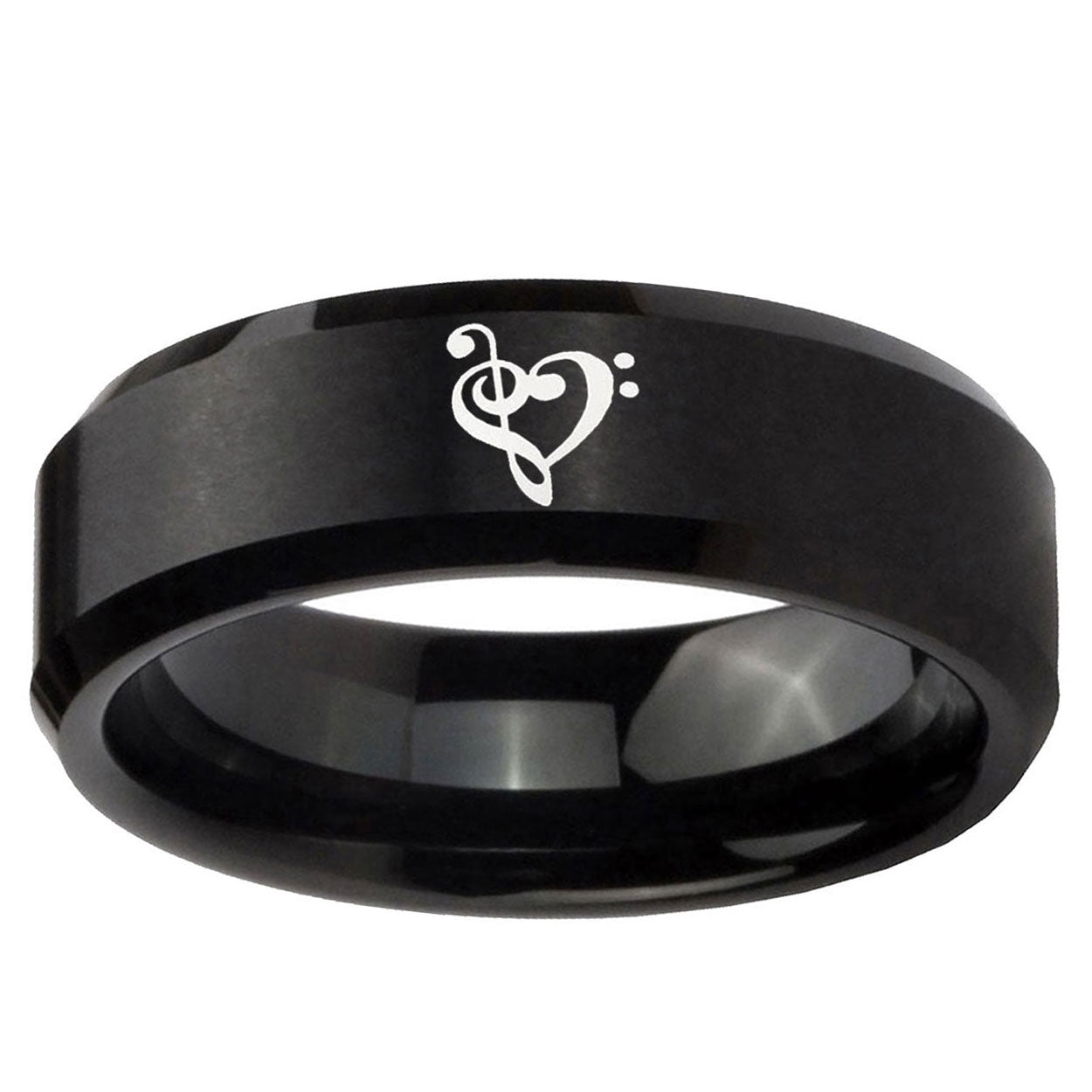 5MM Music And Heart Beveled Brushed Black Tungsten Wedding Band