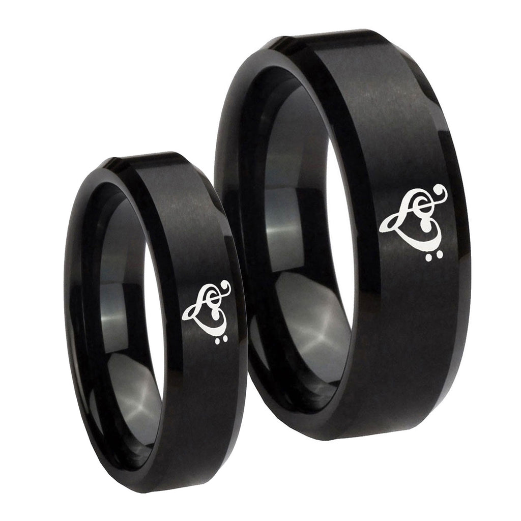 Music & Heart Beveled Brush Black Tungsten His And Hers Ring
