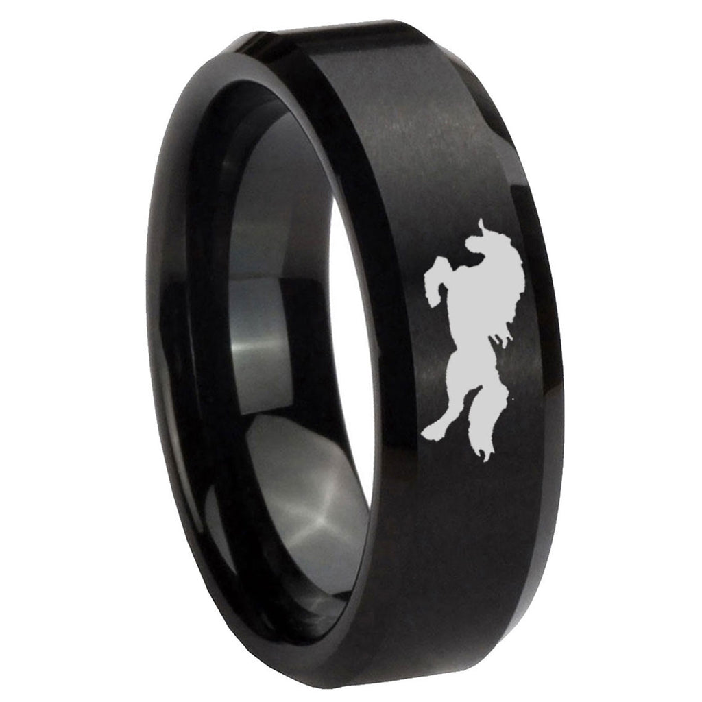 8MM Horse Beveled Brushed Black Tungsten Engrave Man Ring