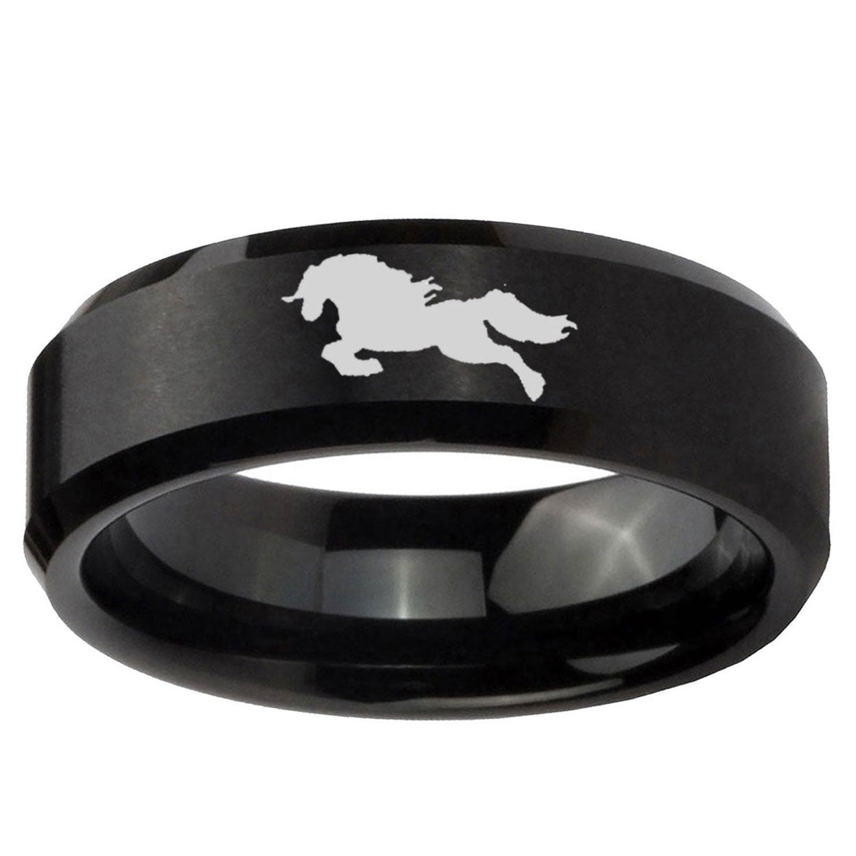 5MM Horse Beveled Brushed Black Tungsten Engrave Man Ring