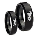 Horse Beveled Edges Brush Black Tungsten Matching Ring Set