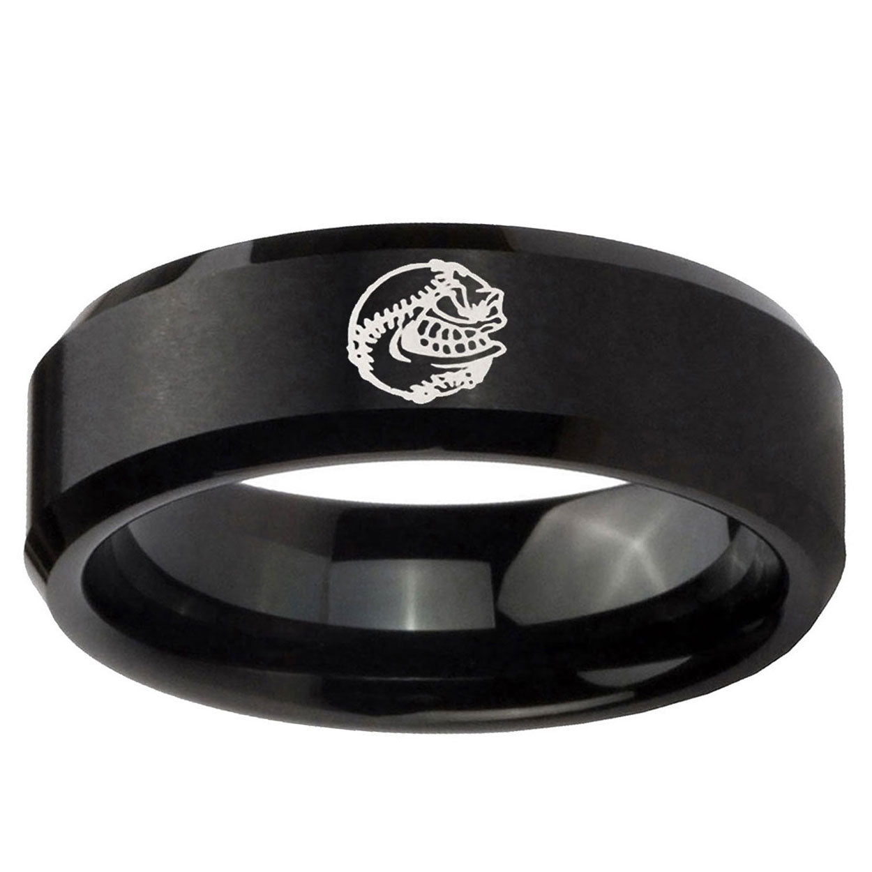 10mm Angry Baseball Beveled Edge Brush Black Tungsten Ring