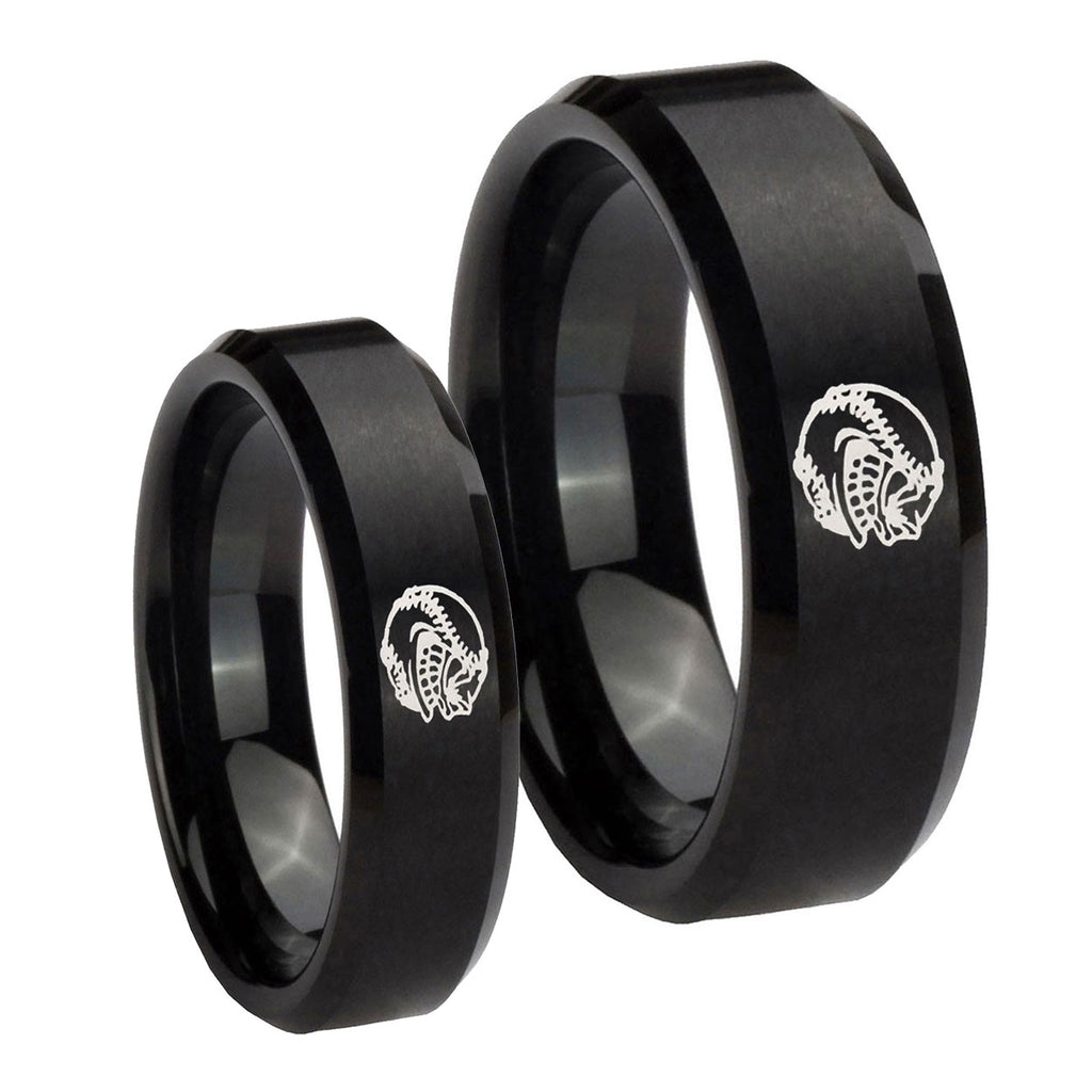 Angry Baseball Beveled Edges Brush Black Tungsten Couples Ring Set
