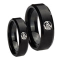 Angry Baseball Beveled Edges Brush Black Tungsten Couples Ring Set