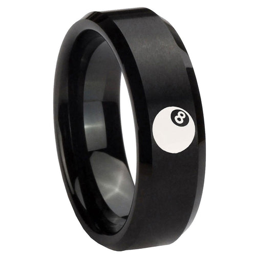 10mm 8 Ball Beveled Edges Brush Black Tungsten Carbide Personalized Ring