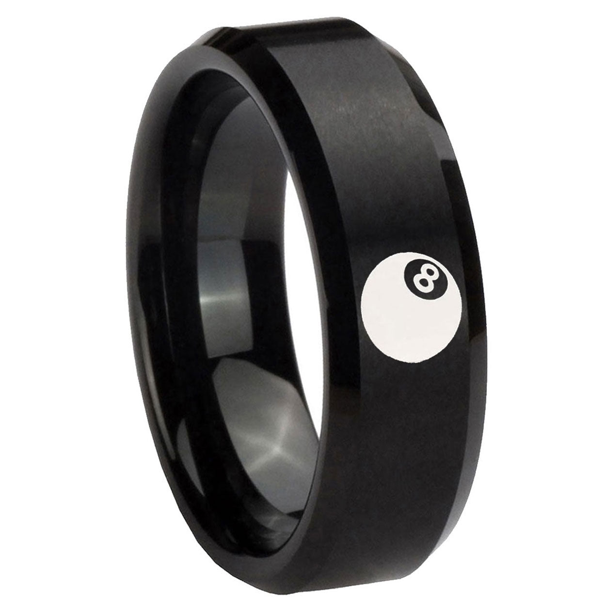 8MM 8 Ball Beveled Brushed Black Tungsten Ring Men
