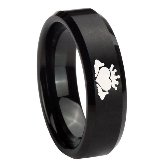 10mm-Claddagh-Design-Beveled-Edges-Brush-Black-Tungsten-Carbide-Promise-Ring