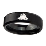 8mm-Claddagh-Design-Beveled-Edges-Brush-Black-Tungsten-Personalized-Ring