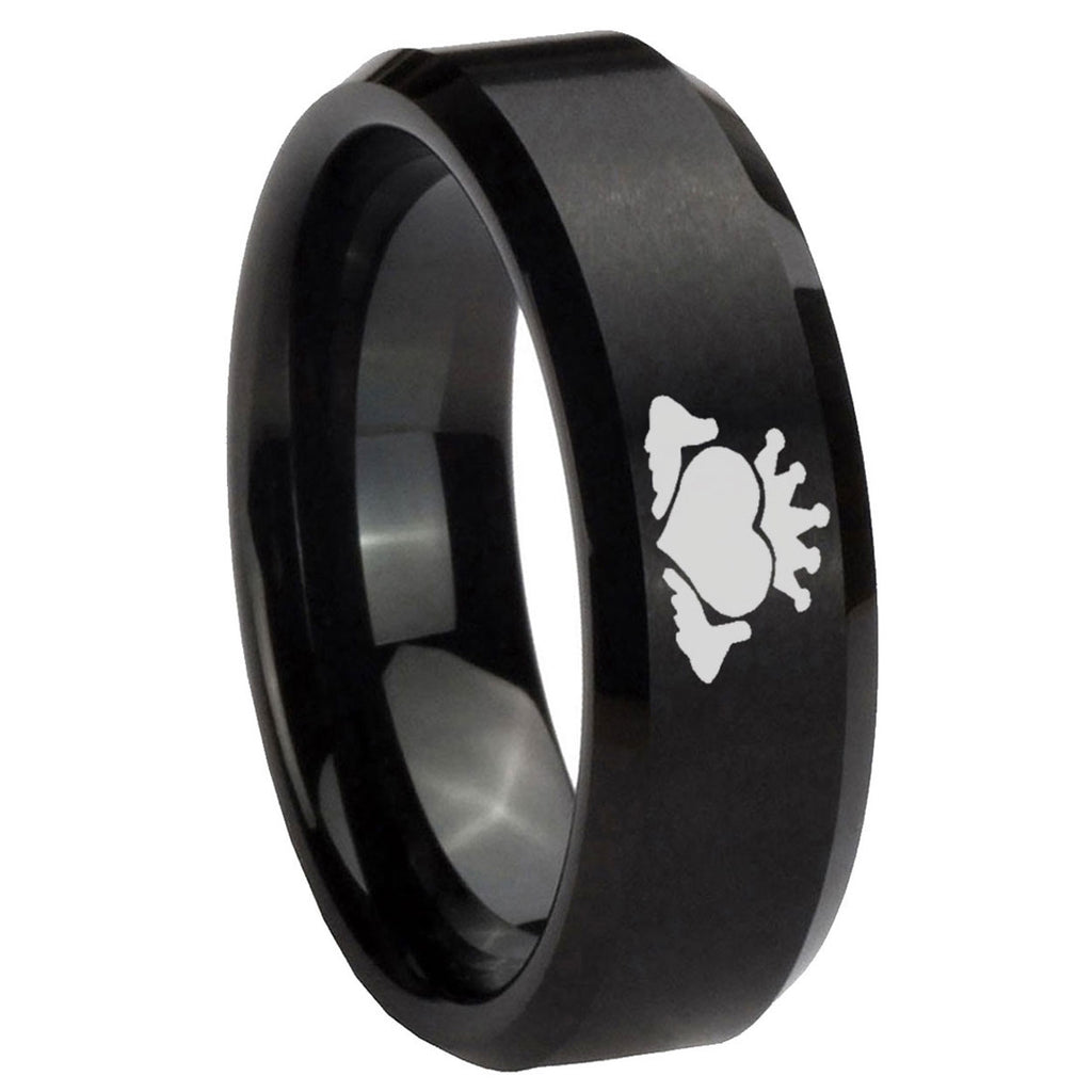 10mm Claddagh Design Beveled Edges Brush Black Tungsten Carbide Promise Ring
