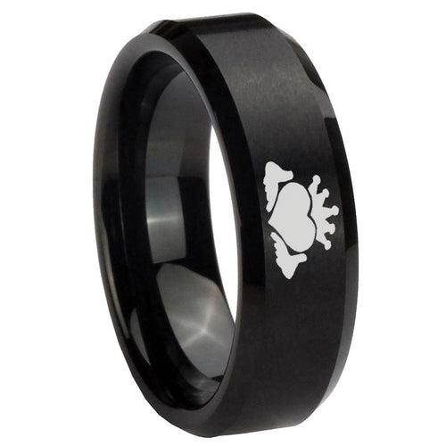 10mm Claddagh Design Beveled Edges Brush Black Tungsten Carbide Promise Ring