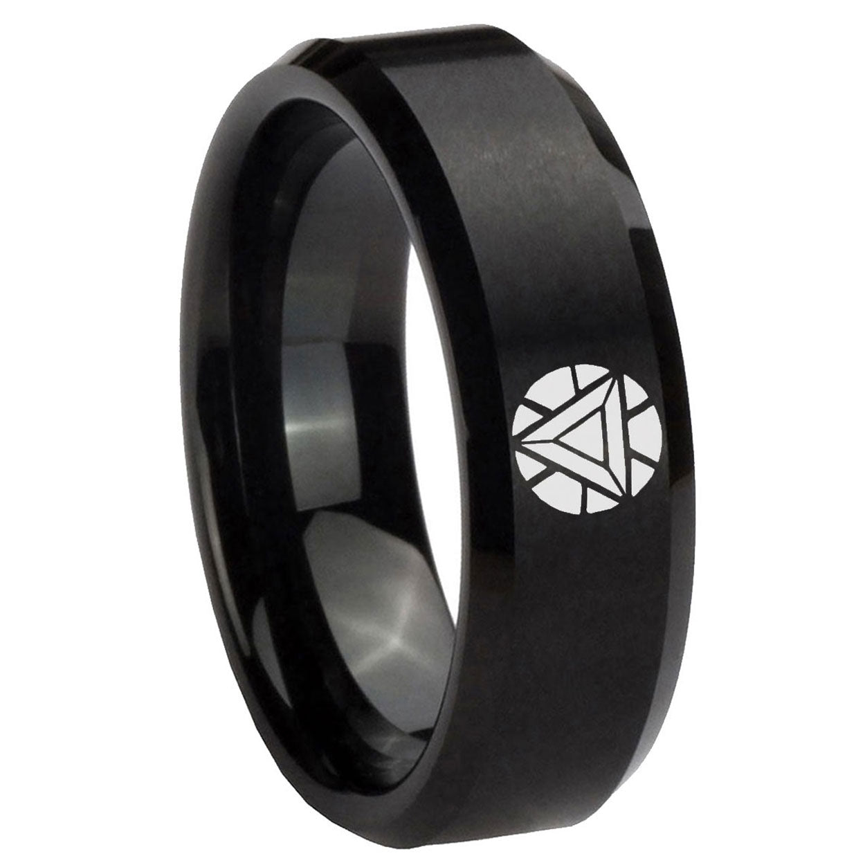 8MM Iron Man Art Beveled Brushed Black Tungsten Ring For Man