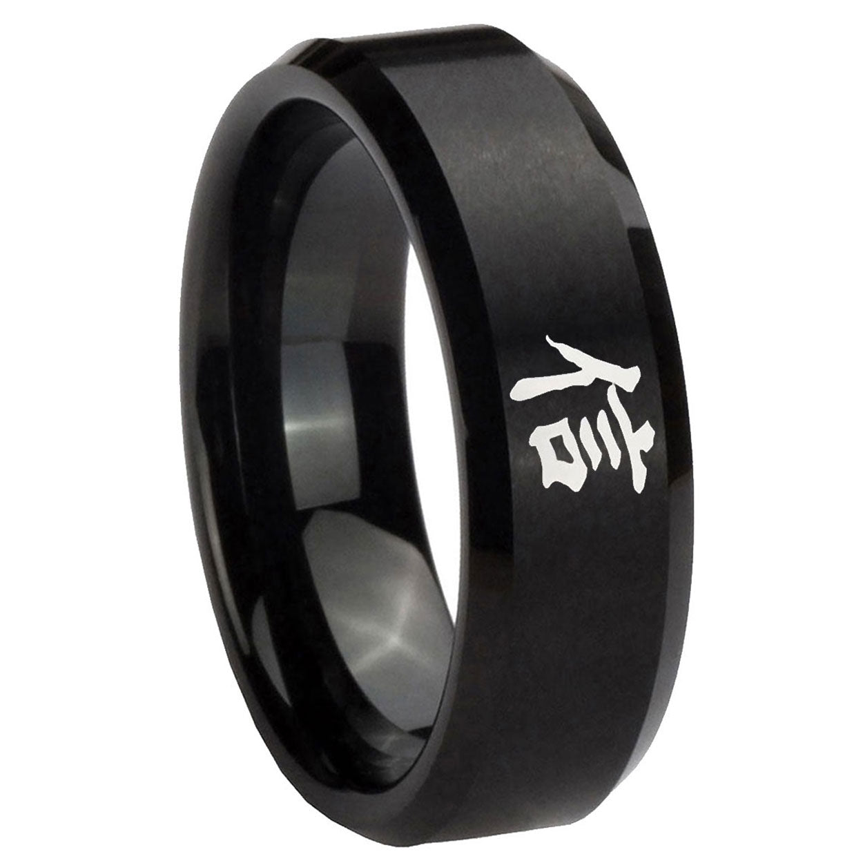8MM Kanji Faith Beveled Brushed Black Tungsten Men's Wedding Band