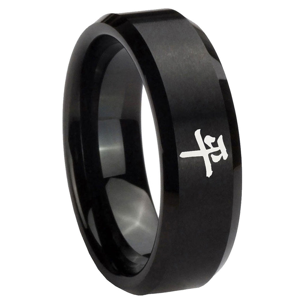 8MM Kanji Peace Beveled Brushed Black Tungsten Men And Women Ring