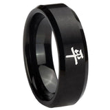 10mm Kanji Peace Beveled Edges Brush Black Tungsten Carbide Wedding Band Ring
