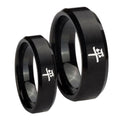 Kanji Peace Beveled Brush Black Tungsten Bridal Ring Sets