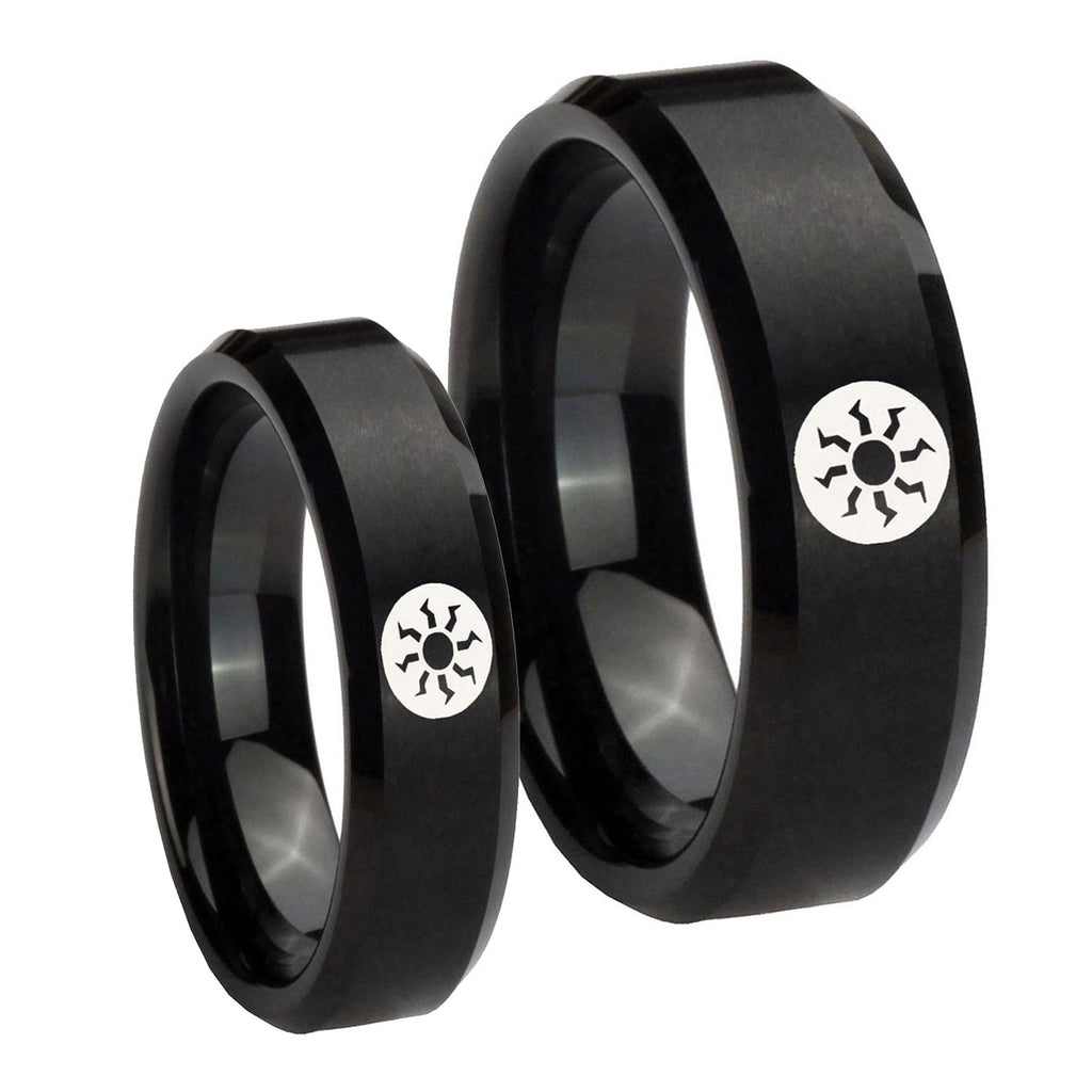 Magic The GatheRing Beveled Edges Brush Black Tungsten Bridal Set Ring