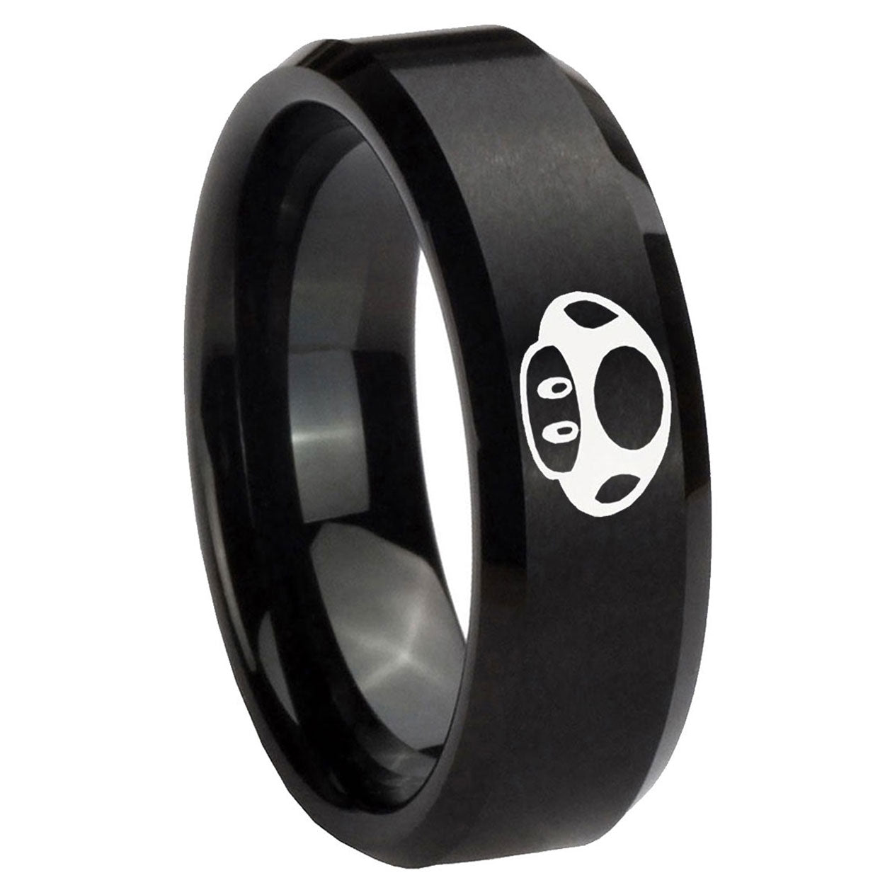 8MM Mario Mushroom Beveled Brushed Black Tungsten Wedding Band For Men