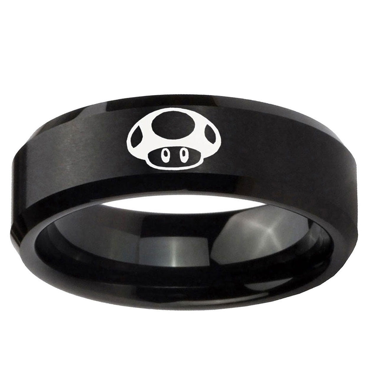 5MM Mario Mushroom Beveled Brushed Black Tungsten Wedding Band For Men