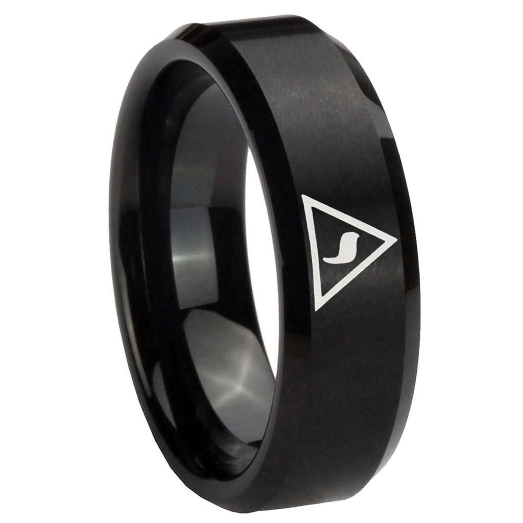 8MM Masonic Yod Beveled Brushed Black Tungsten Promise Ring Guys