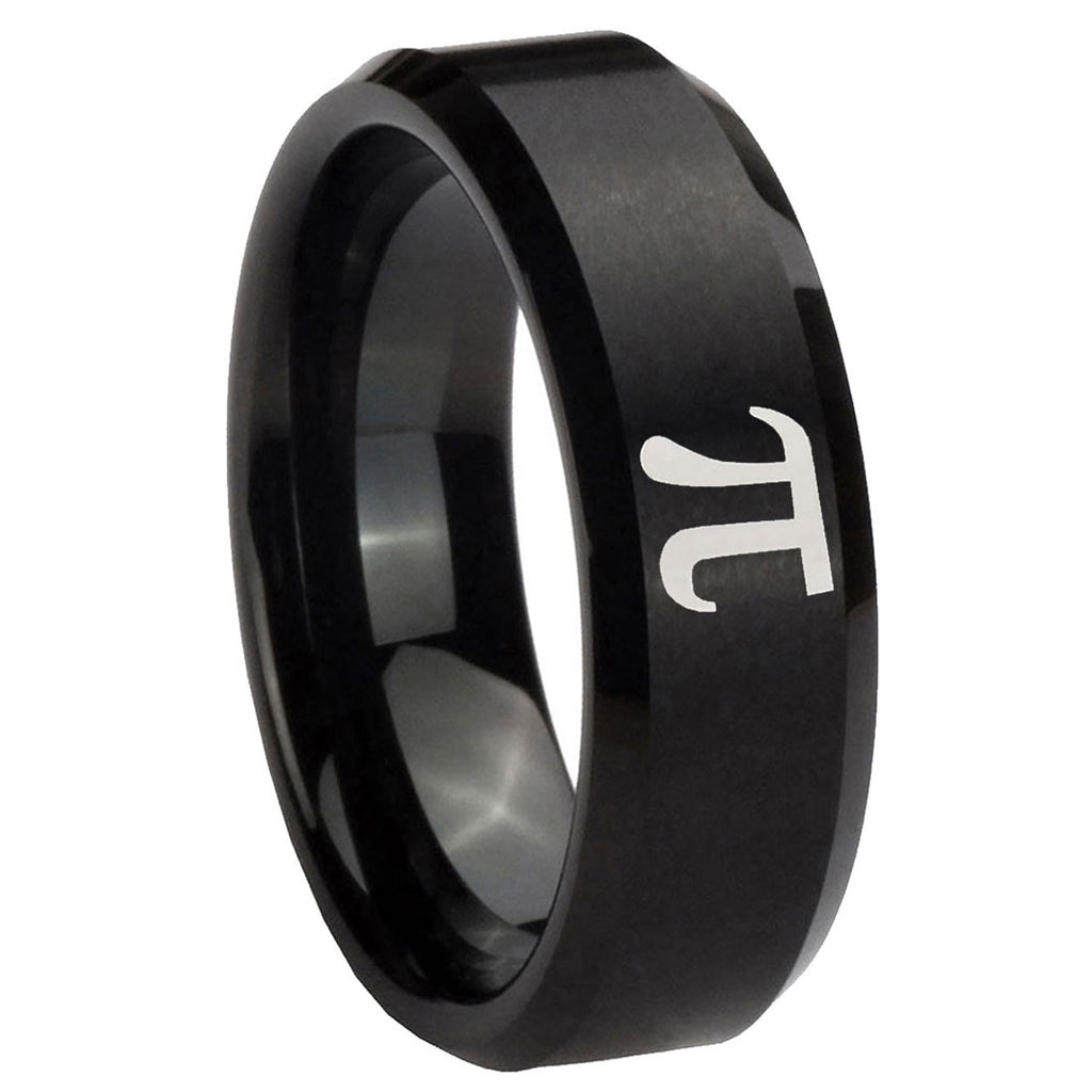 8MM Math Pi Beveled Brushed Black Tungsten Men And Women Ring