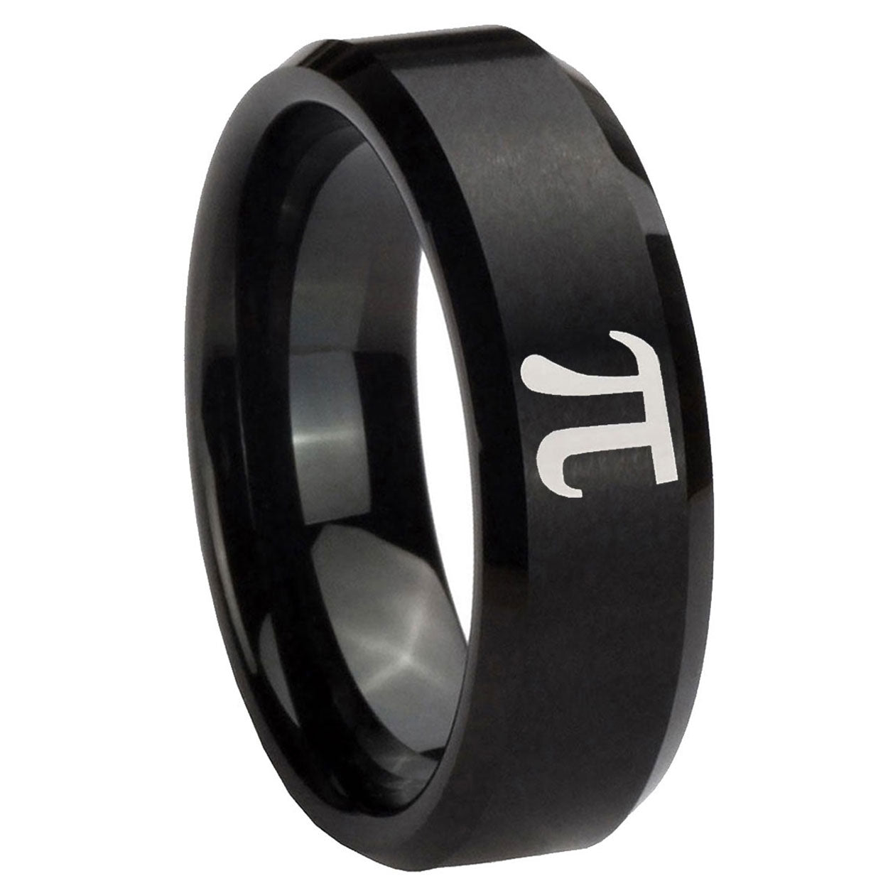 8MM Math Pi Beveled Brushed Black Tungsten Men And Women Ring